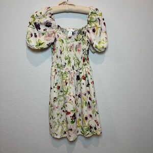 H&M Floral Mini Dress with Puff Sleeves - White and Green